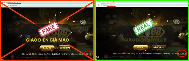 Trang chủ Go88.com thật có giao diện gọn gàng và bố cục cân đối, còn trang giả của Go88.com thường lộn xộn và thiếu chi tiết.