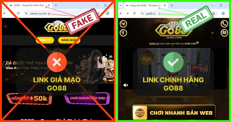 Logo trên trang chủ Go88.com thật rõ ràng, font chữ đồng bộ, trong khi logo giả của Go88.com mờ hoặc lệch màu.